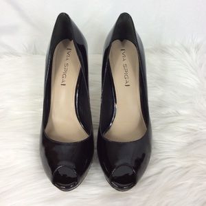 Via Spiga black patent leather peep toe heels.